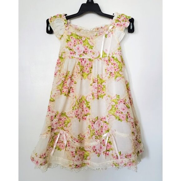 Biscotti Baby Lightweight Cotton Cream Pink Floral Dress Lace Trim Slip Size 2T - Picture 1 of 9